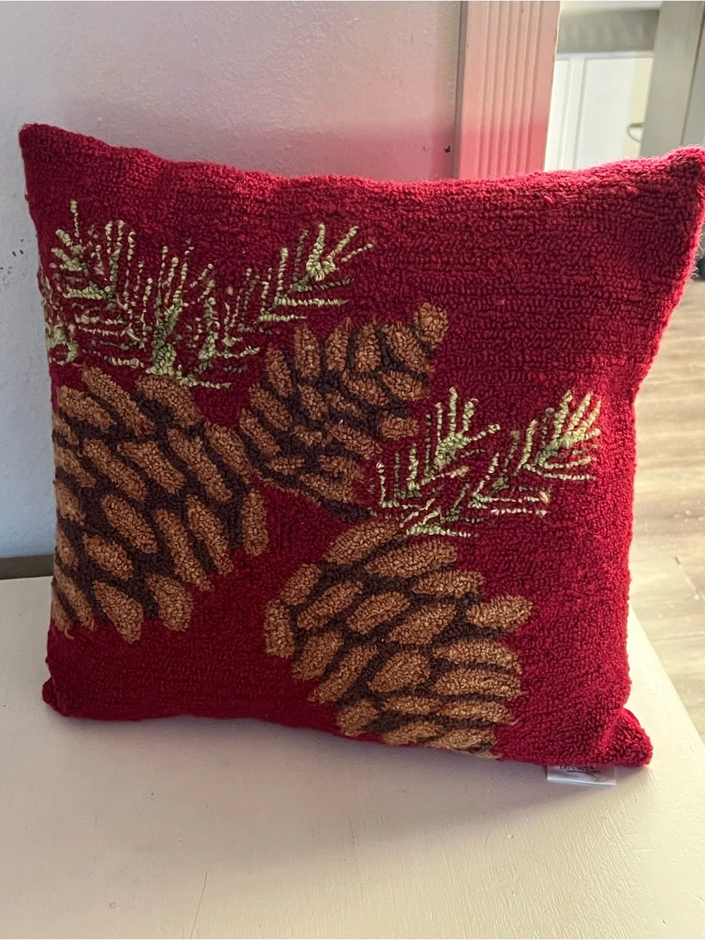Red Pinecone Accent Pillow with Evergreen Motif